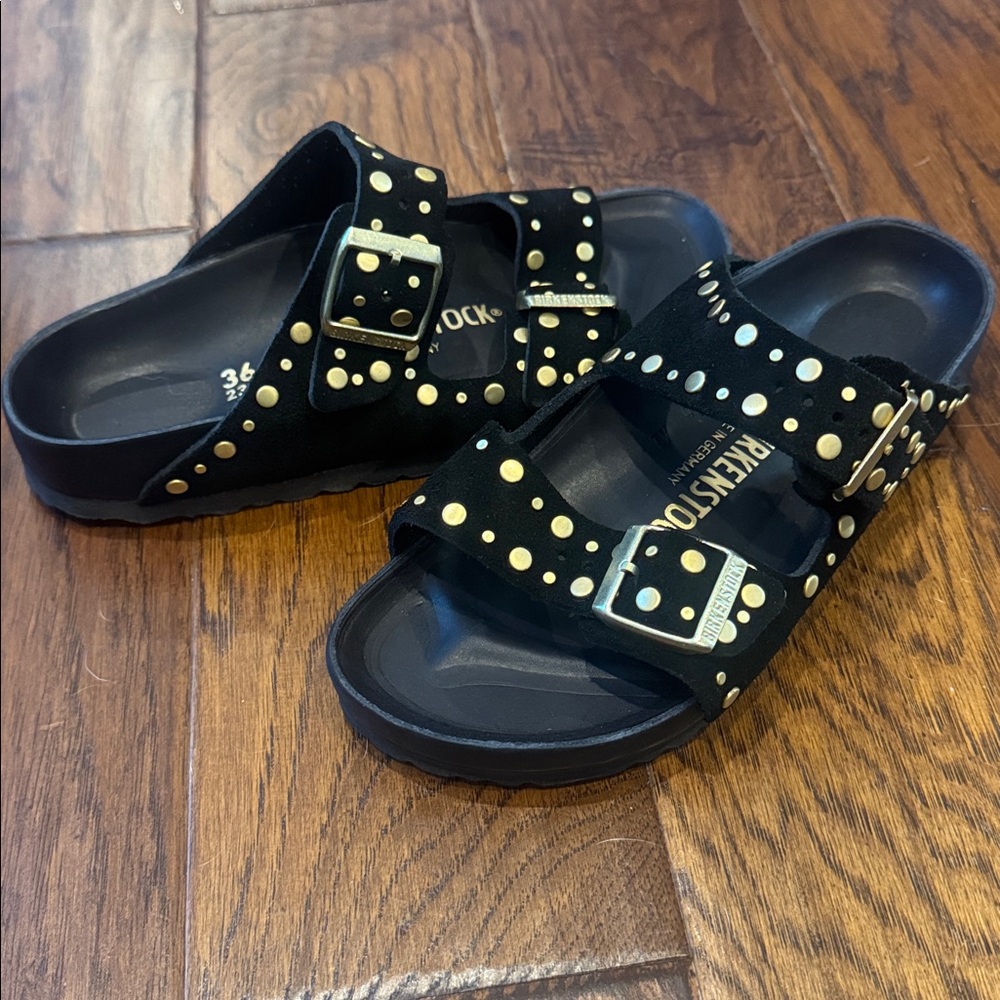 Birkenstock Black Sandals with Gold Studs